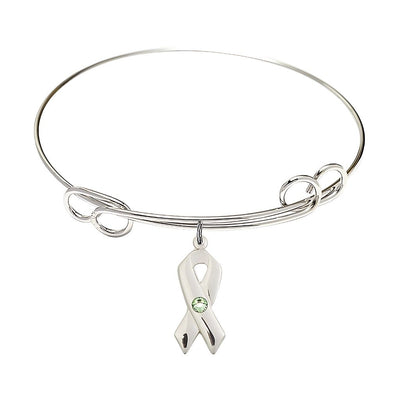 Peridot Birthstone Sterling Silver Cancer Awareness Double Loop Bangle Bracelet, Bliss Manufacturing