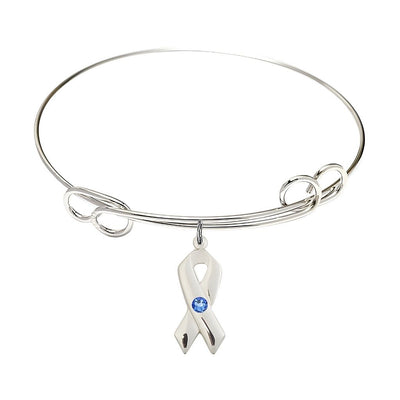 Sapphire Birthstone Sterling Silver Cancer Awareness Double Loop Bangle Bracelet, Bliss Manufacturing