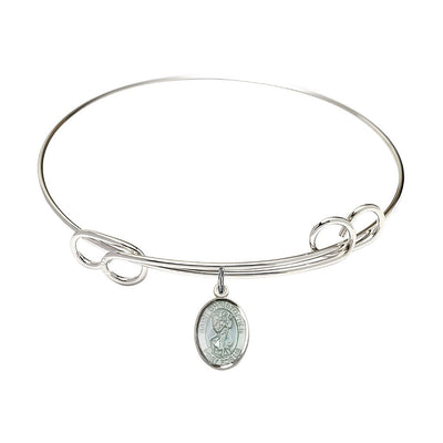 Blue Epoxy St. Christopher Sterling Silver Medal with Rhodium-plated Double Loop Bangle Bracelet, Bliss Manufacturing