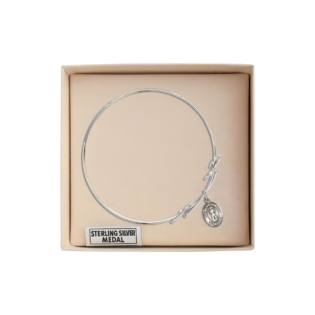 Bliss St. Francis of Assisi Sterling Silver Charm Double Loop Design Plated Bangle Bracelet in Gift Box