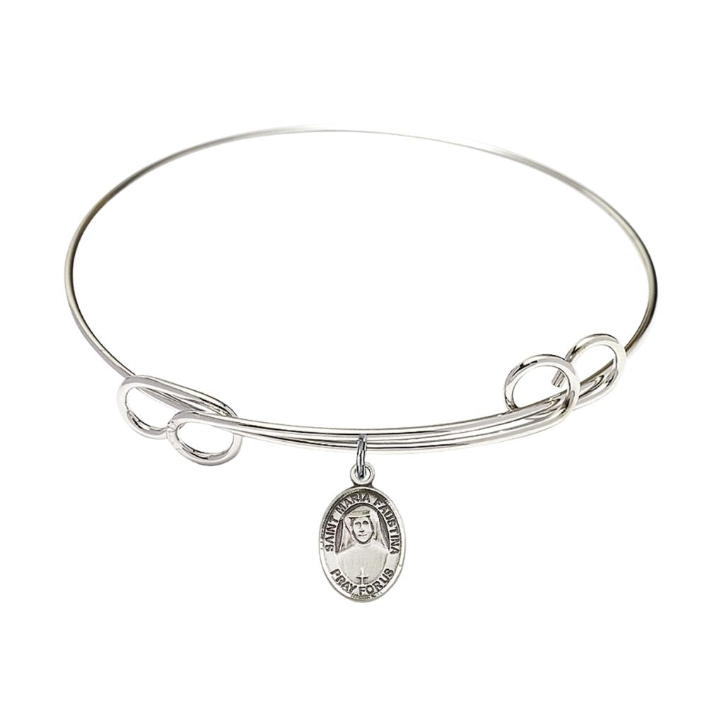 Bliss Sterling Silver St. Maria Faustina Charm with a Rhodium-plated Double Loop Design Bangle Bracelet