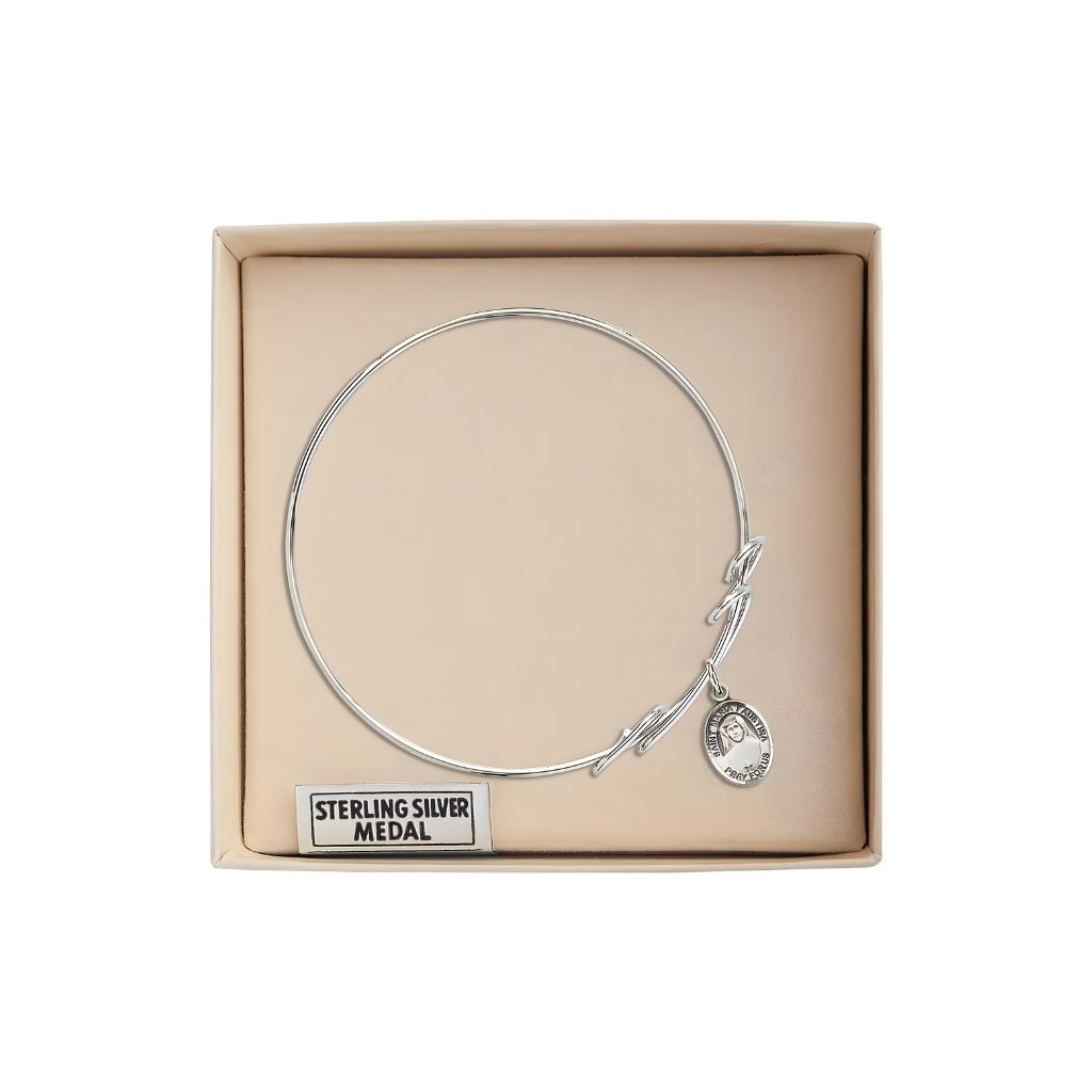 Bliss Sterling Silver St. Maria Faustina Charm with a Rhodium-plated Double Loop Design Bangle Bracelet in Gift Box