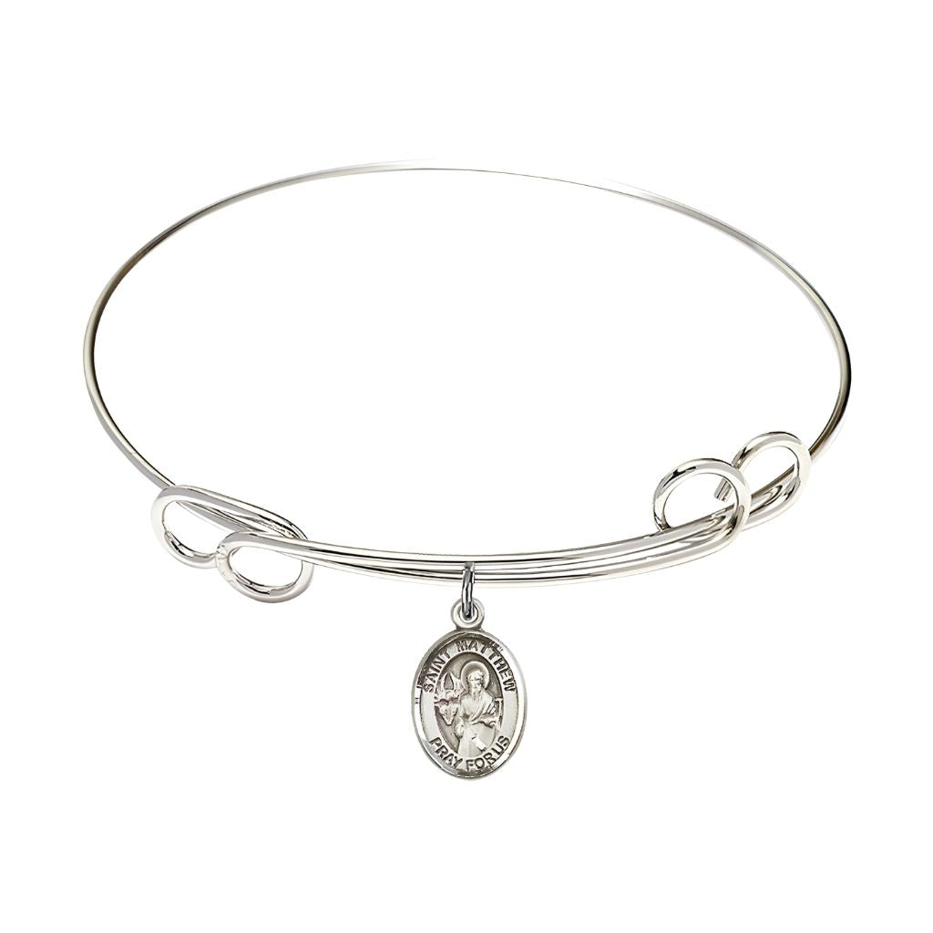 St. Matthew the Apostle Sterling Silver Charm Double Loop Bangle Bracelet, charm measures 1/2 by 1/4 inch