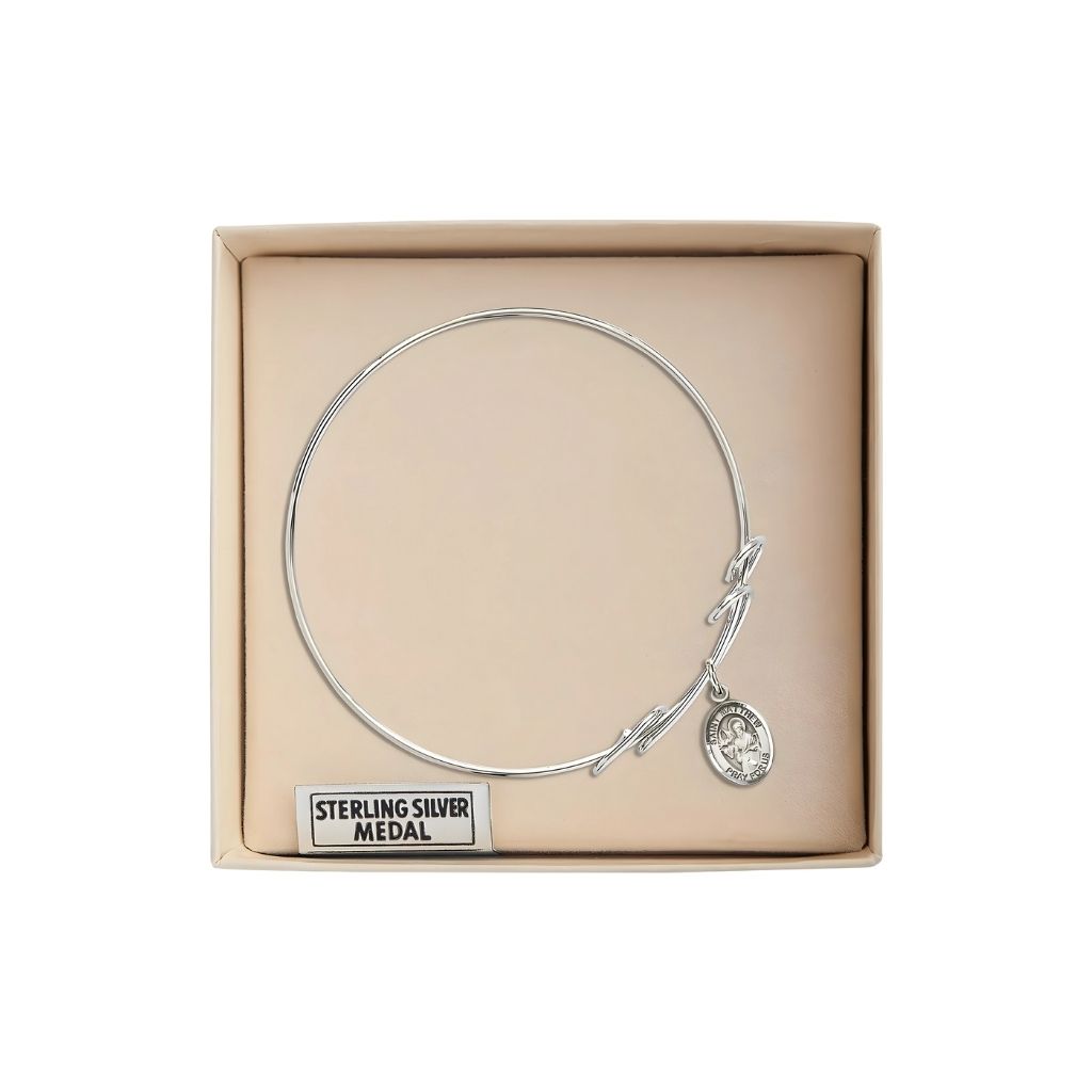St. Matthew the Apostle Sterling Silver Charm Double Loop Bangle Bracelet in Gift Box, charm measures 1/2 by 1/4 inch