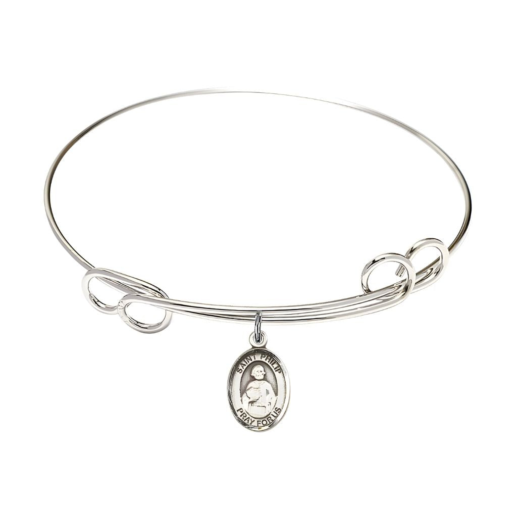 Bliss St. Philip the Apostle Sterling Silver Charm with a Double Loop Rhodium Plated Bangle Bracelet, Charm Size: 1/2 x 1/4, Gift Box
