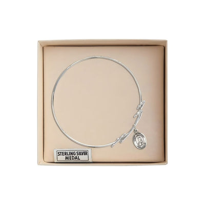 St. Peregrine Laziosi Sterling Silver Charm with a Double Loop Rhodium Plated Bangle Bracelet, Charm Size: 1/2 x 1/4 in Gift Box, Bliss Manufacturing