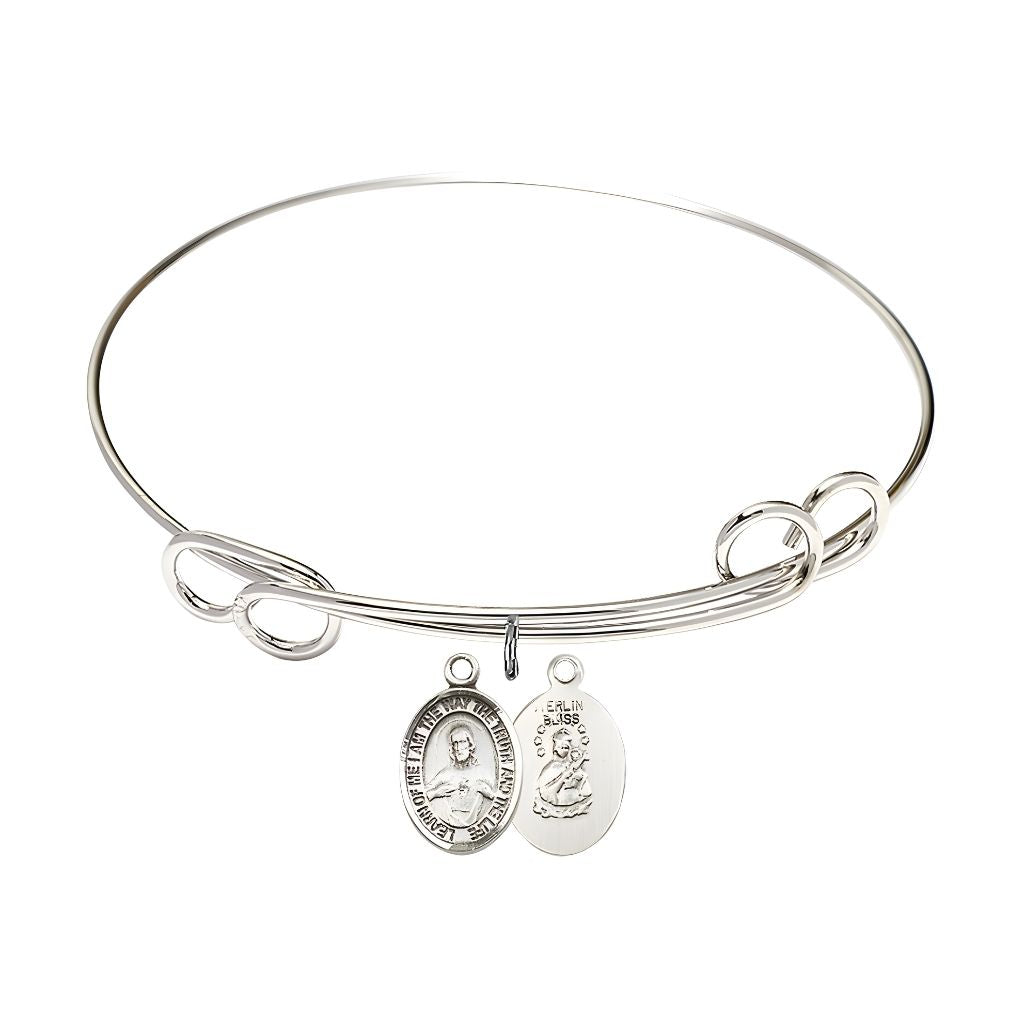 Bliss Scapular Sacred Heart of Jesus and Our Lady of Mount Carmel Sterling Silver Charm with a Double Loop Rhodium Plated Bangle Bracelet, Charm Size: 1/2 x 1/4, Gift Box
