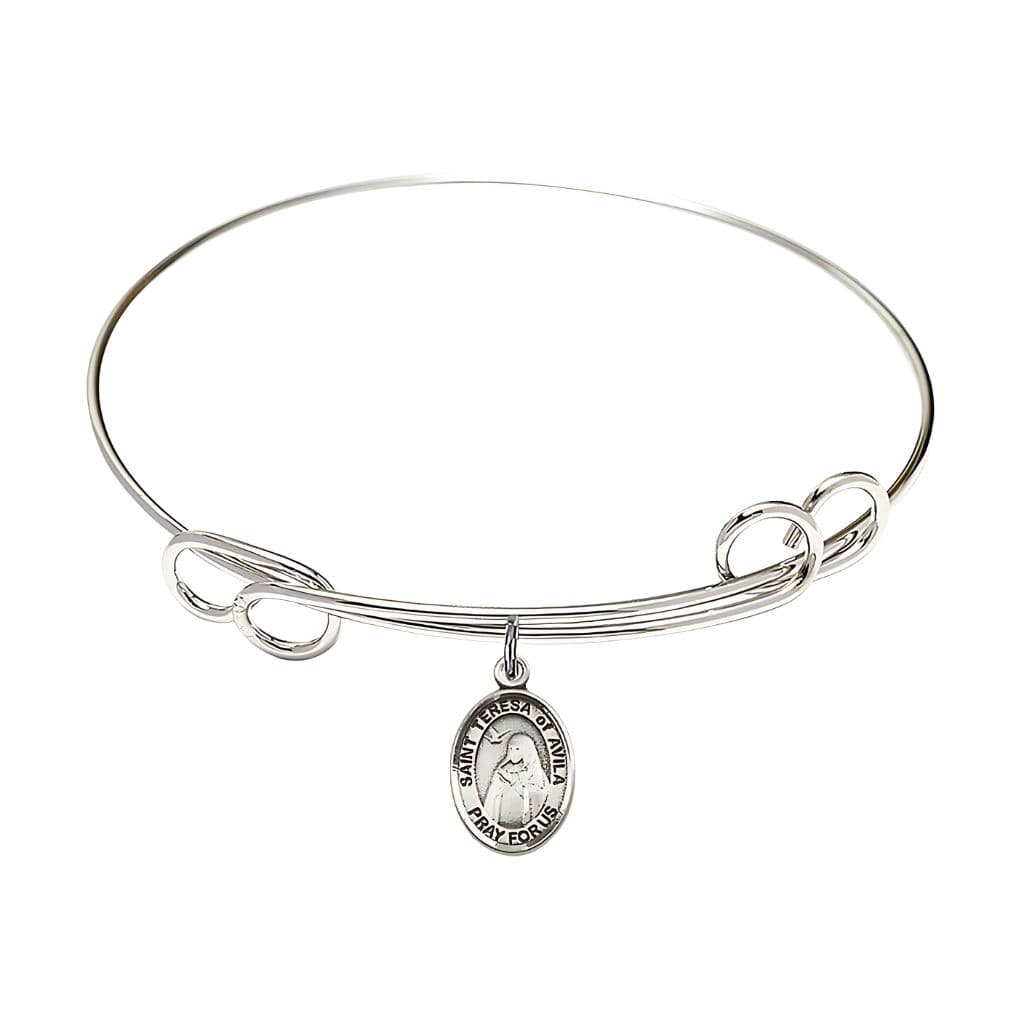 St. Teresa of Avila Sterling Silver Charm and Rhodium-plated Round Double Loopk Design Bangle Bracelet