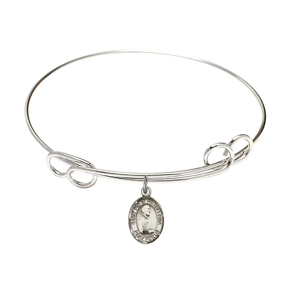 Bliss St. Padre Pio Sterling Silver Charm Double Loop Bangle Bracelet, Charm Size: 1/2 x 1/4