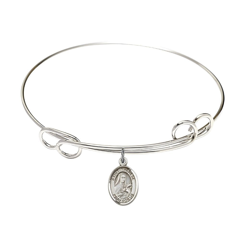 Bliss St. Therese of Lisieux Double Loop Rhodium-plated Bangle Bracelet with Sterling Silver Medal