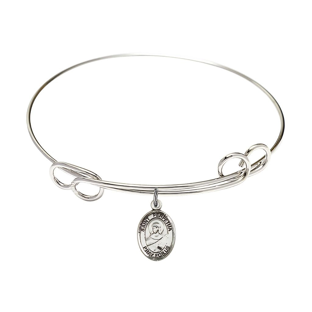 Bliss St. Perpetua Sterling Silver Charm with a Double Loop Rhodium Plated Bangle Bracelet, Charm Size: 1/2 x 1/4, Gift Box