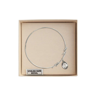 St. Perpetua Sterling Silver Charm with a Double Loop Rhodium Plated Bangle Bracelet, Charm Size: 1/2 x 1/4 in Gift Box, Bliss Manufacturing