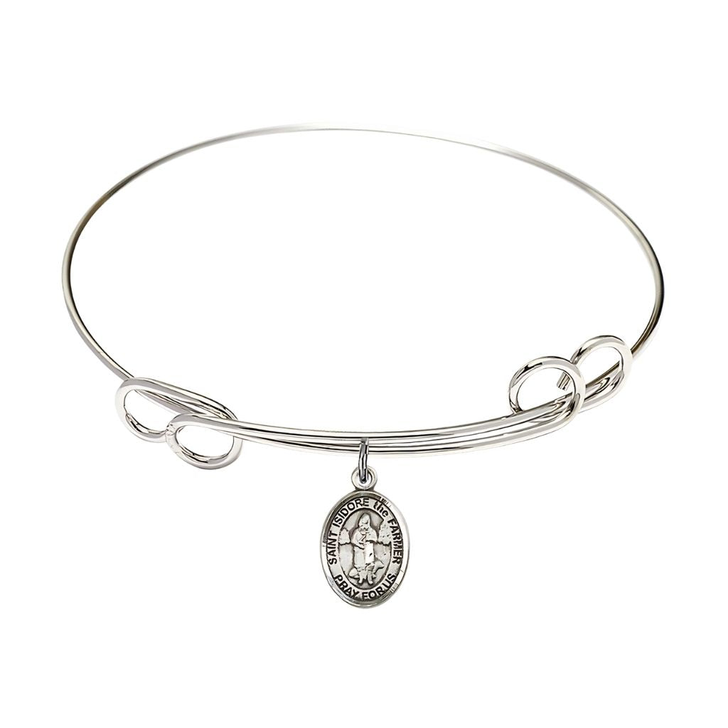 Bliss St. Isidore the Farmer Sterling Silver Charm with a Double Loop Rhodium Plated Bangle Bracelet, Charm Size: 1/2 x 1/4, Gift Box