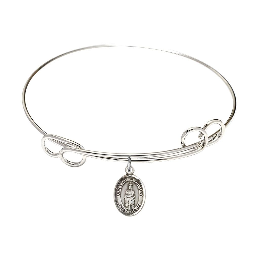 Bliss Our Lady of Victory Sterling Silver Charm 1/2 x 1/4 Medal with Rhodium-plated Double Loop Design Bangle Bracelet