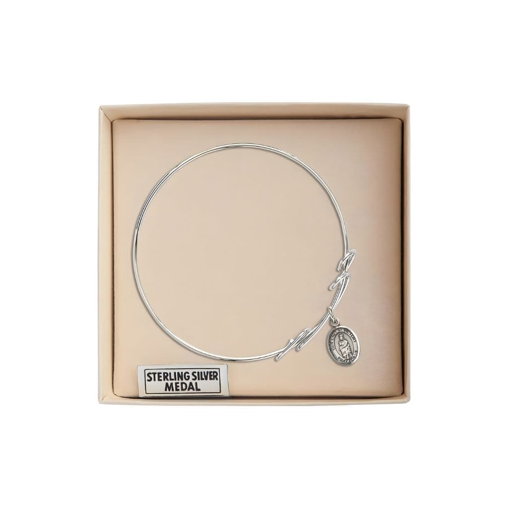 Bliss Our Lady of Victory Sterling Silver Charm 1/2 x 1/4 Medal with Rhodium-plated Double Loop Design Bangle Bracelet in Gift Box