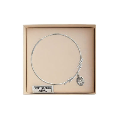 Our Lady of Victory Sterling Silver Charm 1/2 x 1/4 Medal with Rhodium-plated Double Loop Design Bangle Bracelet in Gift Box, Bliss Manufacturing