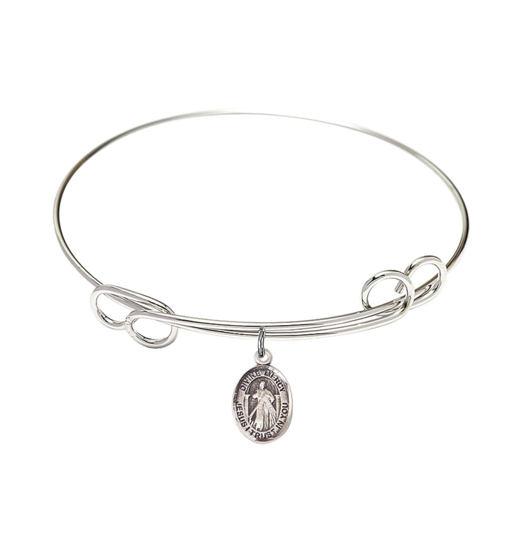 Bliss Jesus Divine Mercy Double Loop Bangle Bracelet with Sterling Silver Charm,