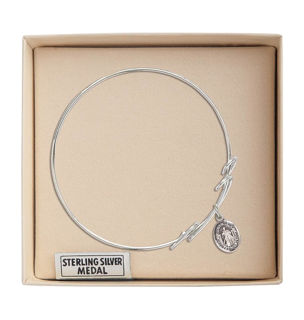 Bliss Jesus Divine Mercy Double Loop Bangle Bracelet with Sterling Silver Charm in Box,