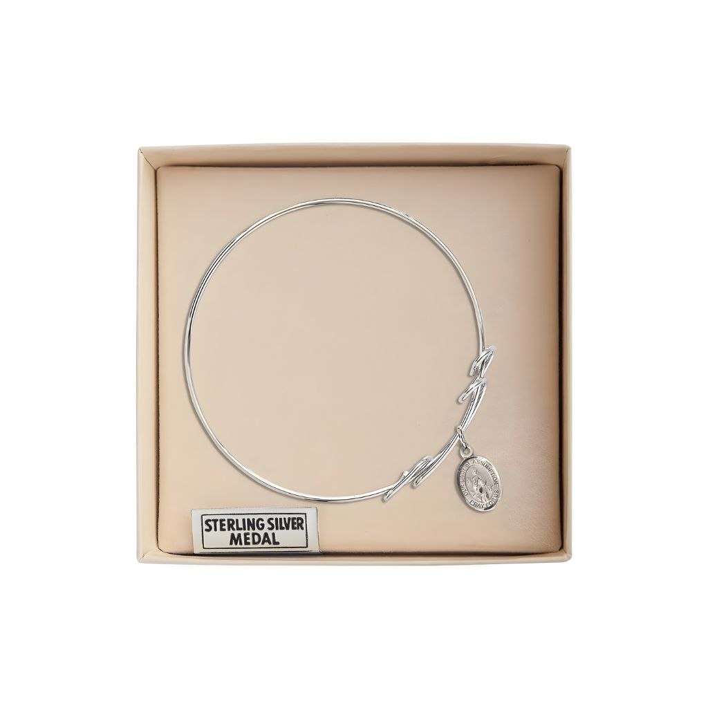 Bliss Our Lady of Assumption Double Loop Bangle Bracelet, sterling silver charm measures 1/2 by 1/4 inch in gift box