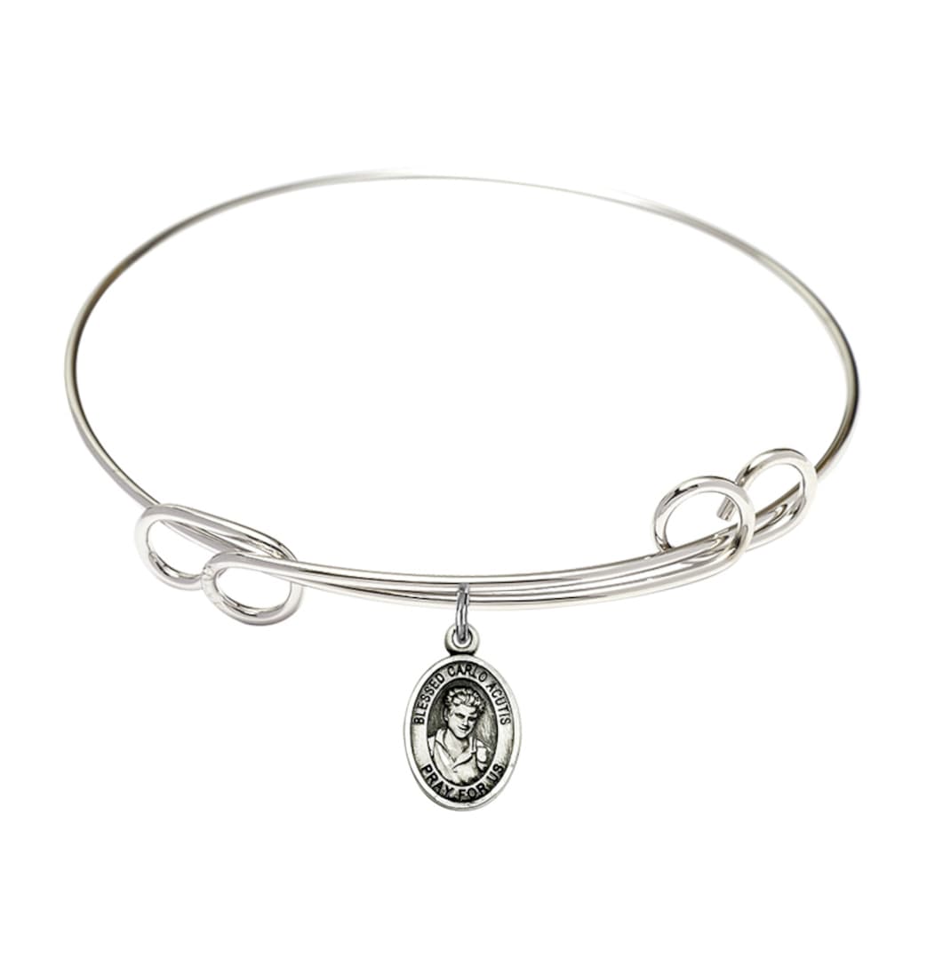 Bliss Blessed Carlo Acutis Sterling Silver Charm Double Loop Bangle Bracelet,