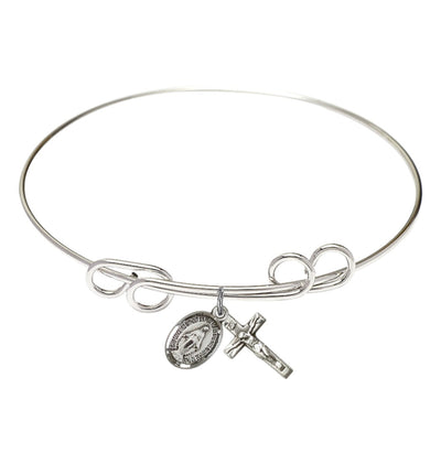 Sterling Silver Miraculous and Crucifix Round Double Loop Bangle Bracelet, Bliss Manufacturing