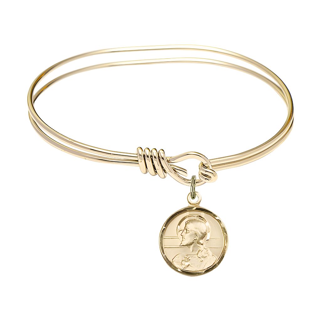 Bliss Scapular Sacred Heart of Jesus and Our Lady of Mount Carmel 14kt Gold-filled Round Charm with a Oval Hook Gold-Plated Bangle Bracelet, Round Charm Size: 5/8-inch x 1/2-inch, Gift Box