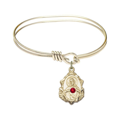 Red Crystal Scapular Sacred Heart of Jesus and Our Lady of Mount Carmel Sterling Silver Charm with a Oval Hook Rhodium Plated Bangle Bracelet, Charm Size: 3/4 x 1/2, Gift Box, Bliss Manufacturing