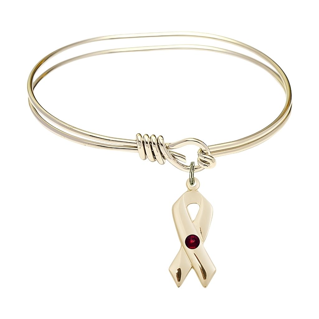 Bliss Gold-filled Cancer Awareness Ribbon Garnet Birthstone Oval Hook Bangle Bracelet, charm measuring 7/8 by 3/8 inches,