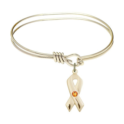 Gold-filled Cancer Awareness Ribbon Topaz Birthstone Oval Hook Bangle Bracelet, charm measuring 7/8 by 3/8 inches, Bliss Manufacturing