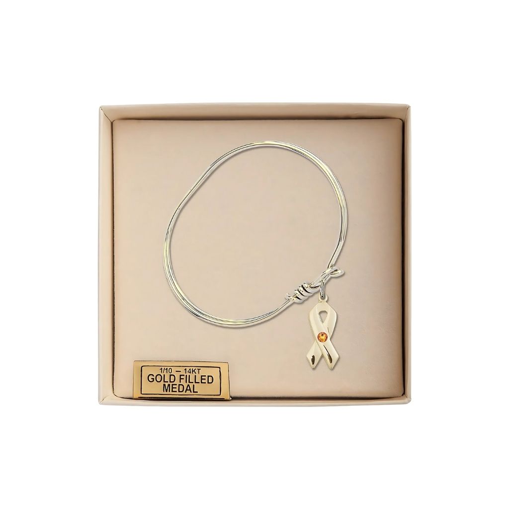 Bliss Gold-filled Cancer Awareness Ribbon Birthstone Oval Hook Bangle Bracelet in gift box, charm measuring 7/8 by 3/8 inches,