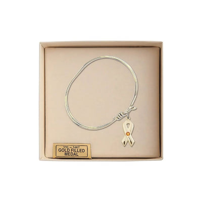 Gold-filled Cancer Awareness Ribbon Birthstone Oval Hook Bangle Bracelet in gift box, charm measuring 7/8 by 3/8 inches, Bliss Manufacturing