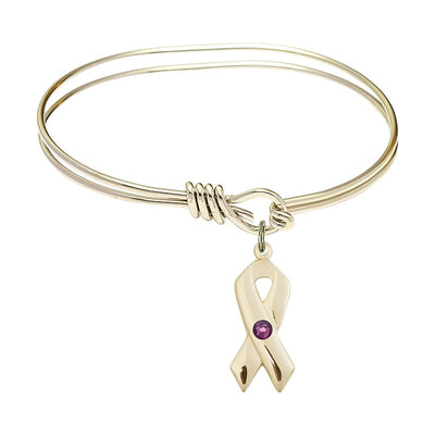 Gold-filled Cancer Awareness Ribbon Amethyst Birthstone Oval Hook Bangle Bracelet, charm measuring 7/8 by 3/8 inches, Bliss Manufacturing