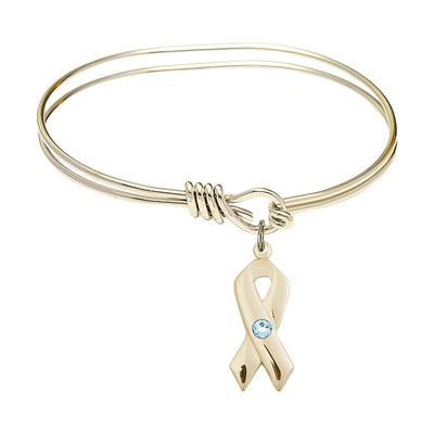 Gold-filled Cancer Awareness Ribbon Aqua Birthstone Oval Hook Bangle Bracelet, charm measuring 7/8 by 3/8 inches, Bliss Manufacturing