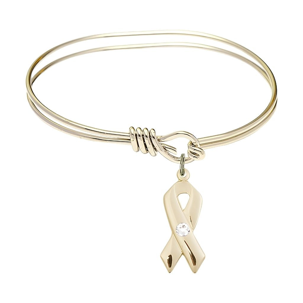 Bliss Gold-filled Cancer Awareness Ribbon Clear Birthstone Oval Hook Bangle Bracelet, charm measuring 7/8 by 3/8 inches,