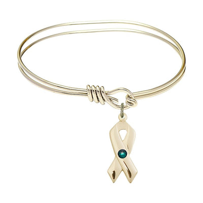 Gold-filled Cancer Awareness Ribbon Emerald Birthstone Oval Hook Bangle Bracelet, charm measuring 7/8 by 3/8 inches, Bliss Manufacturing