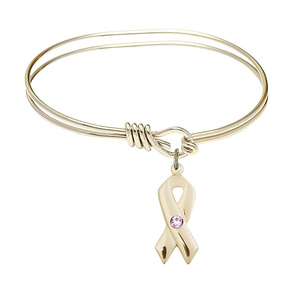 Bliss Gold-filled Cancer Awareness Ribbon Light Amethyst Birthstone Oval Hook Bangle Bracelet, charm measuring 7/8 by 3/8 inches,