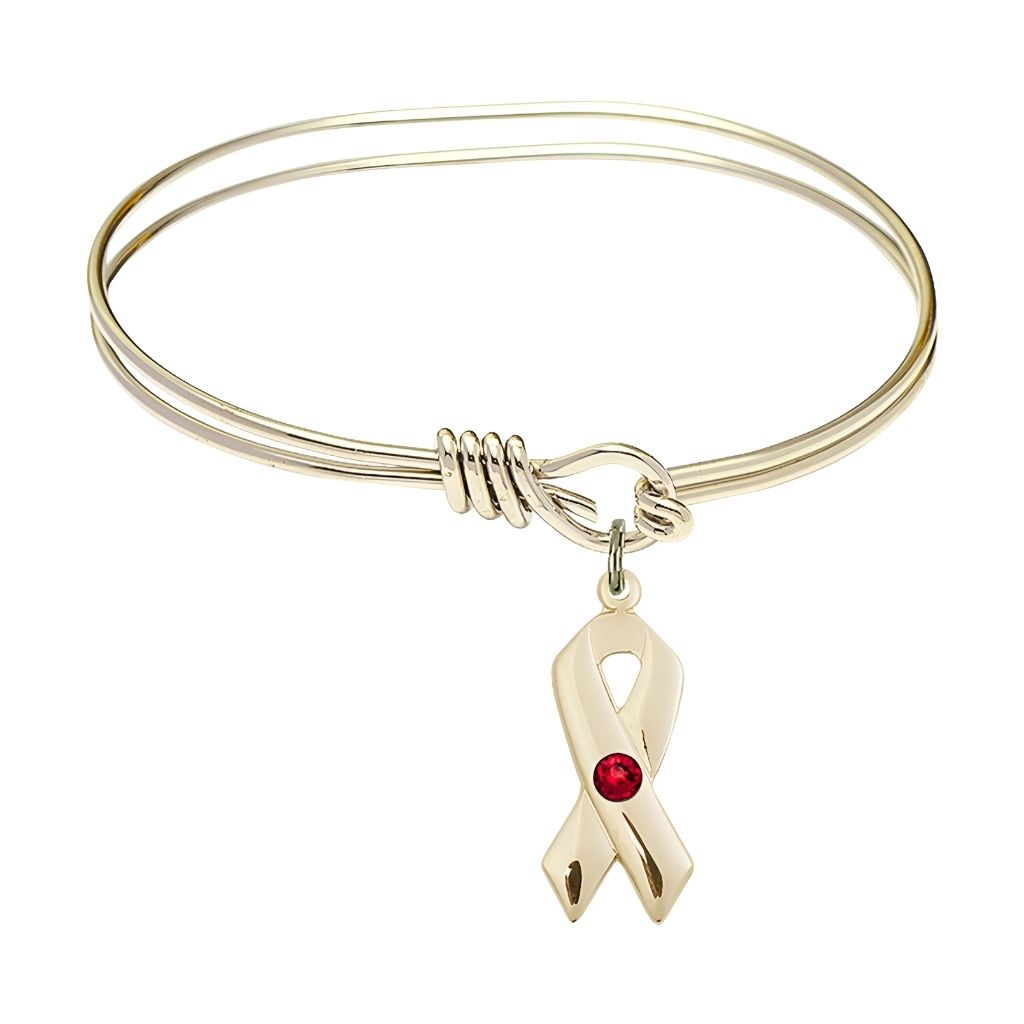 Bliss Gold-filled Cancer Awareness Ribbon Ruby Birthstone Oval Hook Bangle Bracelet, charm measuring 7/8 by 3/8 inches,