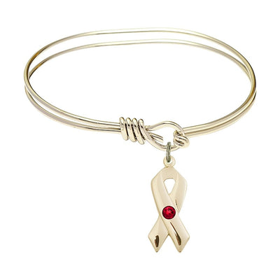 Gold-filled Cancer Awareness Ribbon Ruby Birthstone Oval Hook Bangle Bracelet, charm measuring 7/8 by 3/8 inches, Bliss Manufacturing
