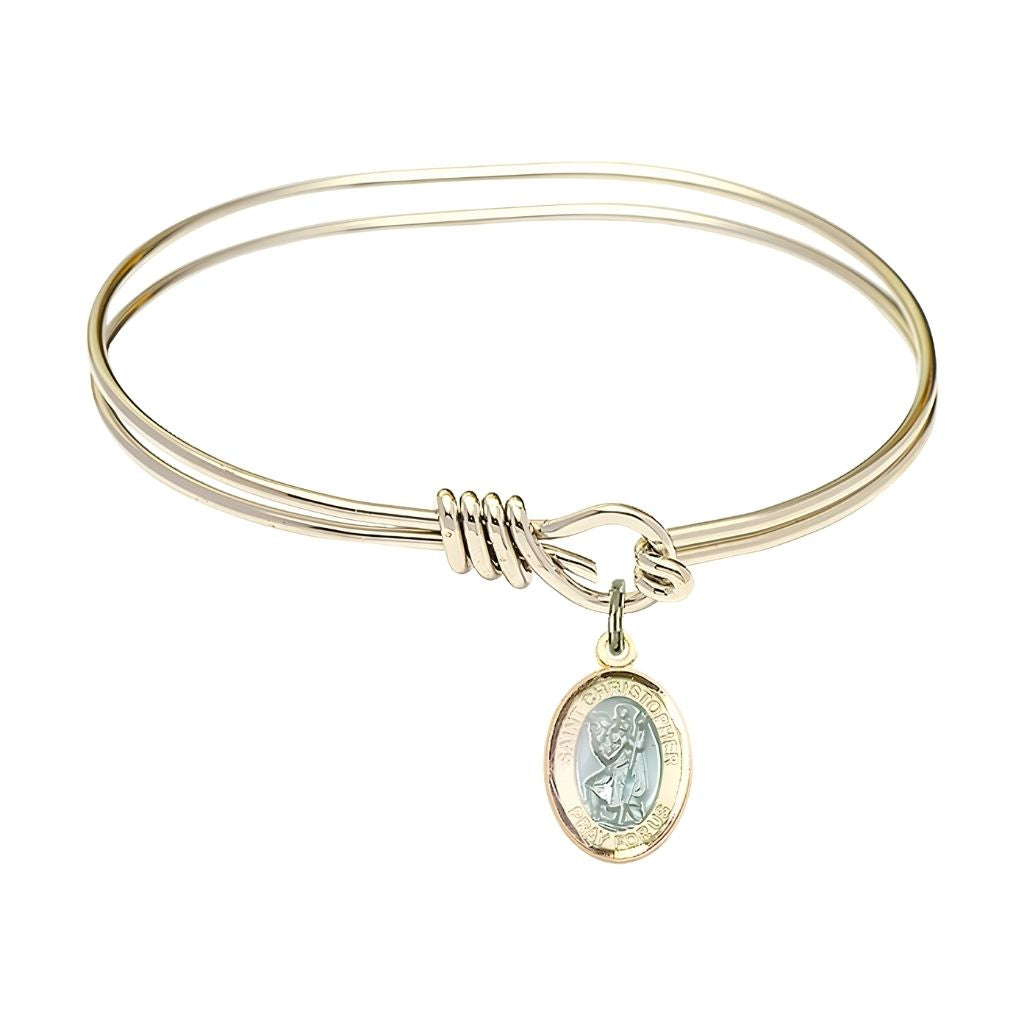 Bliss Blue Epoxy St. Christopher 14kt Gold-filled Medal with Gold-plated Oval Hook Bangle Bracelet