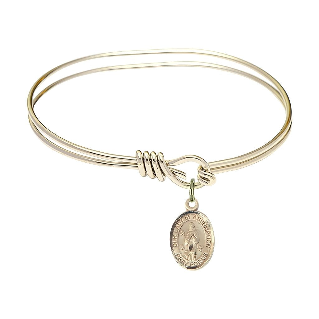 Bliss Our Lady of Assumption Oval Eye Hook Bangle Bracelet, 14kt gold-filled charm measures 1/2 by 1/4 inch