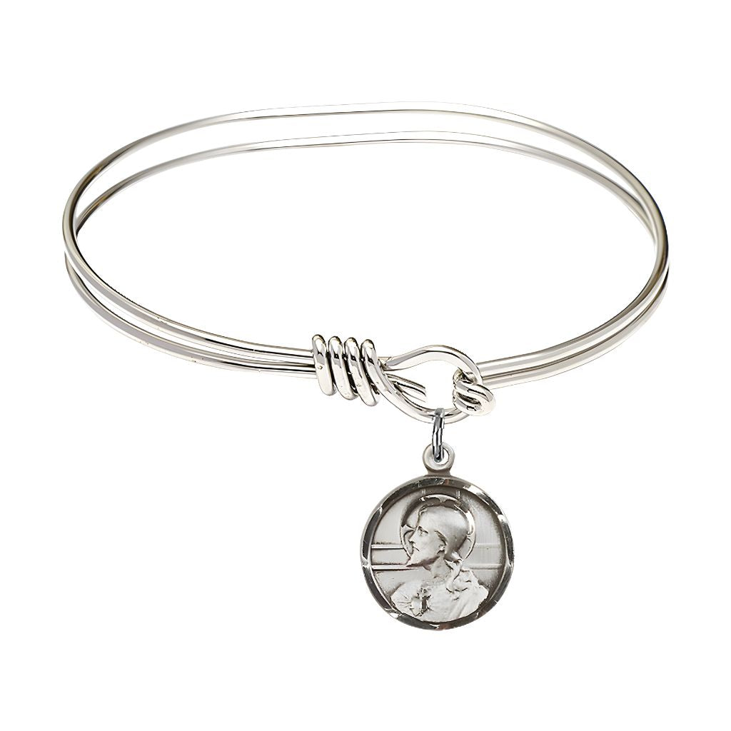 Bliss Scapular Sacred Heart of Jesus and Our Lady of Mount Carmel Sterling Silver Round Charm with a Oval Hook Rhodium Plated Bangle Bracelet, Round Charm Size: 5/8-inch x 1/2-inch, Gift Box