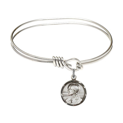 Scapular Sacred Heart of Jesus and Our Lady of Mount Carmel Sterling Silver Round Charm with a Oval Hook Rhodium Plated Bangle Bracelet, Round Charm Size: 5/8-inch x 1/2-inch, Bliss Manufacturing