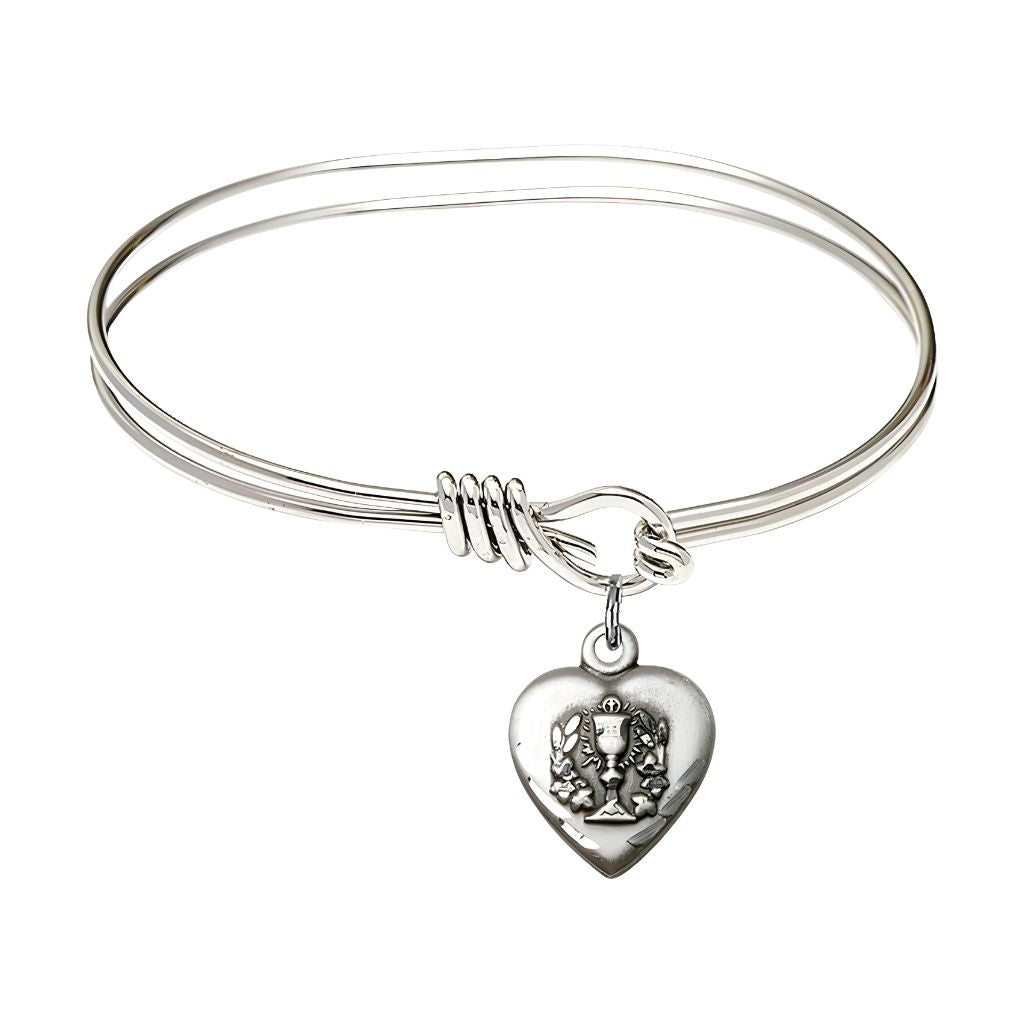 Bliss Communion Heart PewterMedal with Rhodium-plated Oval Hook Bangle Bracelet, Communion Heart Size: 5/8-inch tall by 1/2-inch wide
