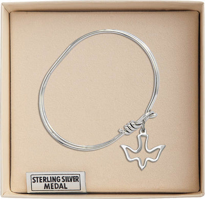 Sterling Silver Holy Spirit Charm Oval Hook Bangle Bracelet in Gift Box, Bliss Manufacturing