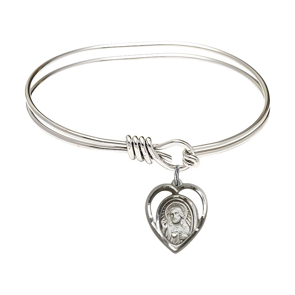 Bliss Scapular Sacred Heart of Jesus | Our Lady of Mount Carmel Sterling Silver Heart Shaped Charm with a Oval Hook Rhodium Plated Bangle Bracelet, Heart Shaped Charm.