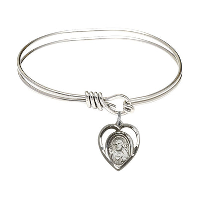 Scapular Sacred Heart of Jesus, Our Lady of Mount Carmel Sterling Silver Heart Shaped Charm with a Oval Hook Rhodium Plated Bangle Bracelet, Heart Shaped Charm, Bliss Manufacturing