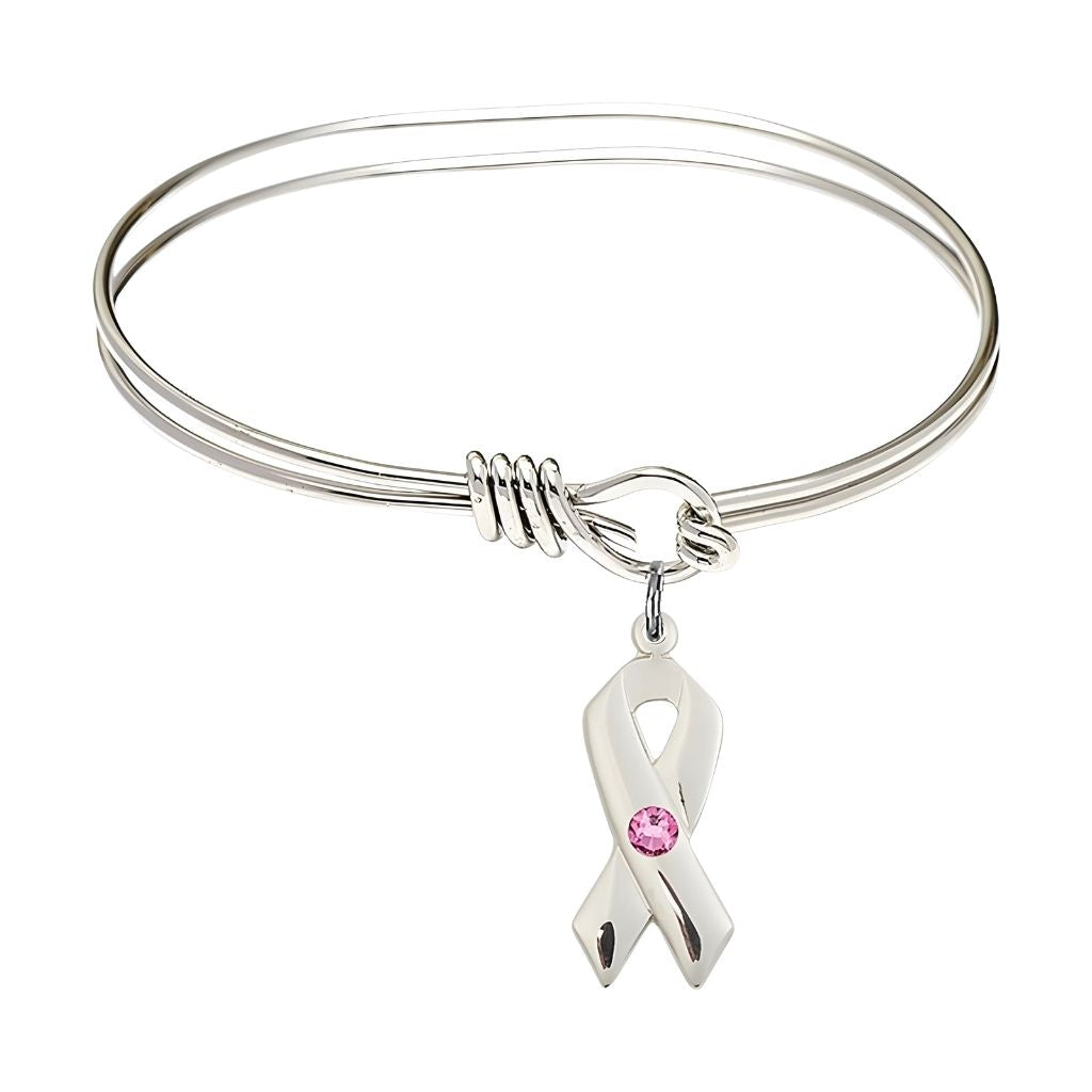 Bliss Rose Birthstone Sterling Silver Cancer Awareness Ribbon Oval Hook Bangle Bracelet, charm measuring 7/8 by 3/8 inches,