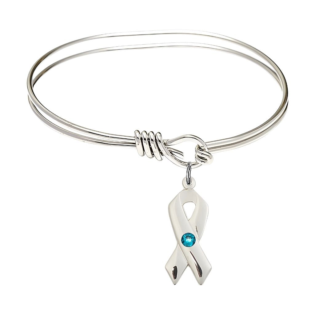 Bliss Zircon Birthstone Sterling Silver Cancer Awareness Ribbon Oval Hook Bangle Bracelet, charm measuring 7/8 by 3/8 inches,