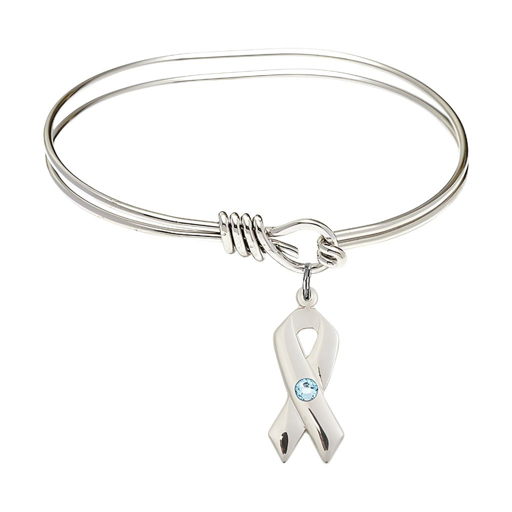 Bliss Aqua Birthstone Sterling Silver Cancer Awareness Ribbon Oval Hook Bangle Bracelet, charm measuring 7/8 by 3/8 inches,