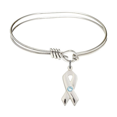 Aqua Birthstone Sterling Silver Cancer Awareness Ribbon Oval Hook Bangle Bracelet, charm measuring 7/8 by 3/8 inches, Bliss Manufacturing